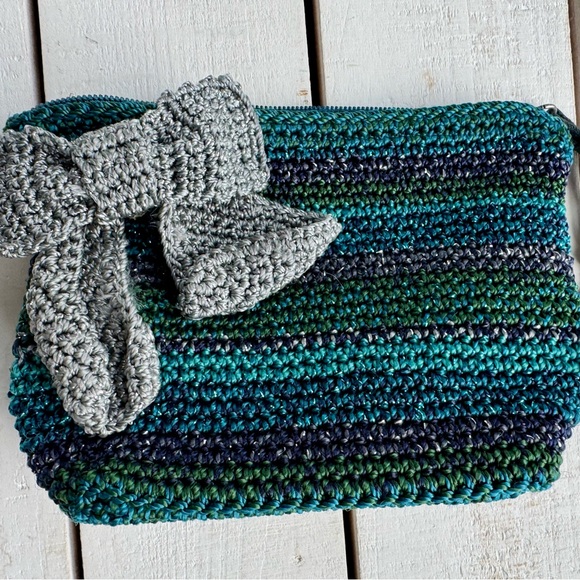 The Sak Teal & Navy Crochet Clutch with Silver Bow - Picture 2 of 6